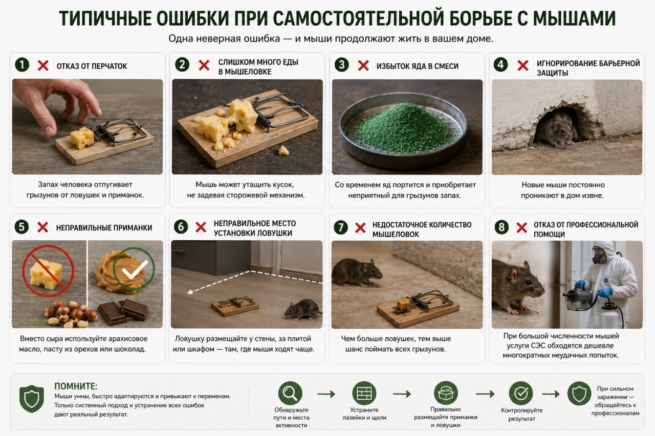 Типичные ошибки при самостоятельной борьбе с мышами